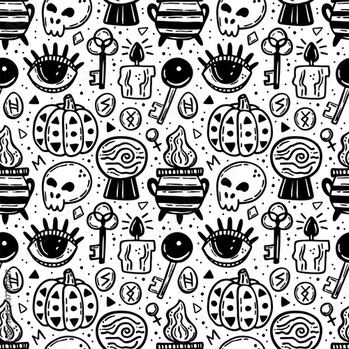 Halloween seamless pattern. Holiday black ink silhouettes. Eye, pumpkin, key, poison, cauldron, skull, bone, runes, crystal, candle. Magic, supernatural, paranormal.