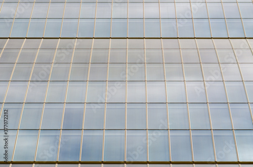 skyscraper in the city: detail of the windows with self-supporting glazing and modules with linear elements. On the glass reflections of the sky and clouds.