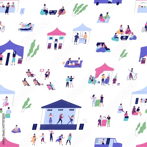 Diverse people spending time at summer indie festival vector flat illustration. Man, woman and children enjoying open air entertainment, food, drink, cinema and music performance seamless pattern