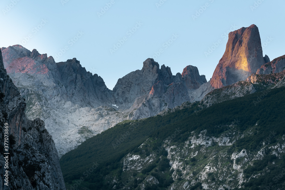 Naranjo de Bulnes, known as Picu Urriellu, from Camarmeña village at sunrise in Picos de Europa National Park, Asturias in Spain