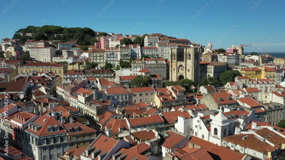 Aerial Drone Shot of the Cathedral of Lisbon with birds flying, Portugal Aerial Drone Shot of the Cathedral of Lisbon with birds flying, Portugal