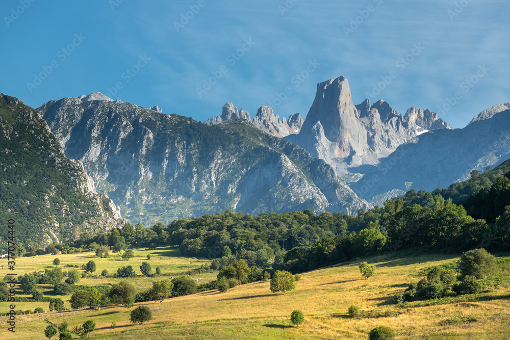 Naranjo de Bulnes, known as Picu Urriellu, from Pozo de la Oracion lookout point in Picos de Europa National Park, Asturias in Spain