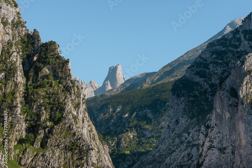 Naranjo de Bulnes, known as Picu Urriellu, from Camarmeña village in Picos de Europa National Park, Asturias in Spain 