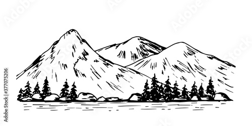 Mountain panoramic landscape, lake, fir trees. Wildlife, tourism, travel. Hand-drawn vector ink drawing.