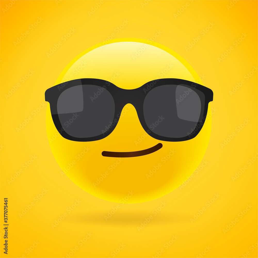 Smiling Face with Sunglasses.summer sun protection. Realistic yellow emoticon in front of a yellow background, vector illustration. Smiling Face with Sunglasses.summer sun protection. Realistic yellow emoticon in front of a yellow background, vector illustration.