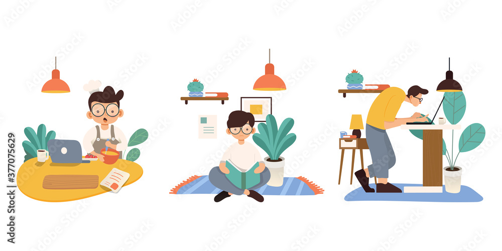 Fototapeta premium Working at home, concept illustration. Freelance people working on laptops and computers from home. Flat style vector illustration of character working from home.