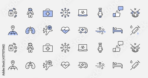 Set of Coronavirus Protection Vector Line Icon. Contains such Icons as Ambulance, Novel CoronaVirus, Protective Measures, Symptoms, Incubation Period and more. 32x32 Pixels. Editable Stroke