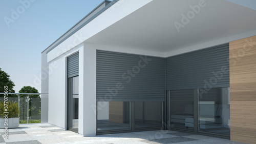 Luxury apartment with window shutter roller - 3D illustration