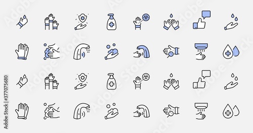 Set of Washing Hands Vector Line Icons. Contains such Icons as Coronavirus, Contactless Water Tap, Antiseptic, Washing Instruction, Hand Dryer, Soap and more. Editable Stroke. 32x32 Pixels.
