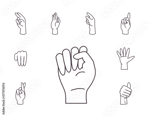 hand sign language alphabet line style set icons vector design
