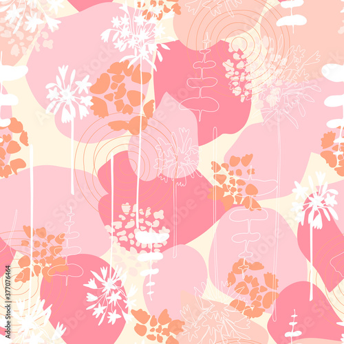 Vector organic seamless abstract background, botanical motif with stylized leaves, flowers and simple geometric shapes. Freehand doodles pattern.