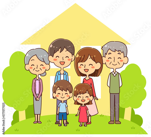 家と6人家族のイラスト　笑顔 © 卯月つくし