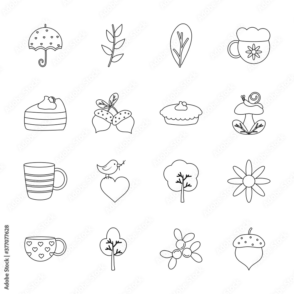 trees and autumn icon set, line style trees and autumn icon set, line style