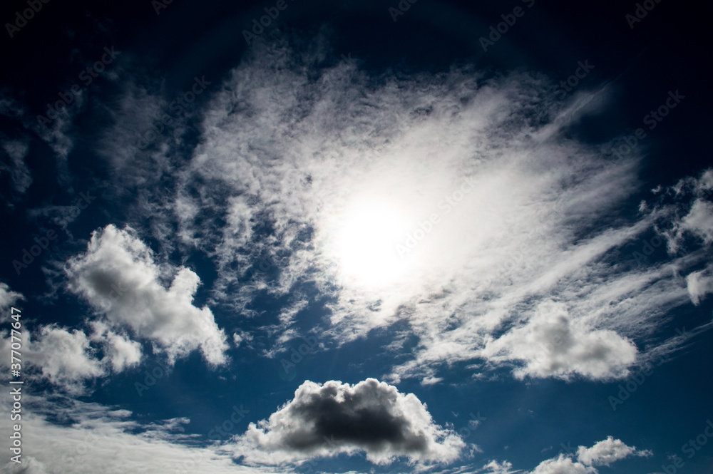 bright sun beams on blue sky and clouds backgrounds