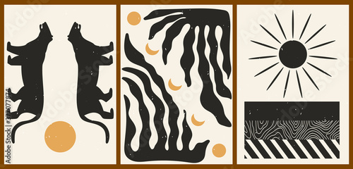 Set of three abstract minimalist aesthetic backgrounds with sun, moon, thin lines, patterns, tiger, plant. Trendy colorful vector illustration for social networks, web design in vintage boho style.
