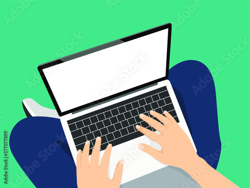 Man sitting with laptop on the floor and working, hands typing a message in social networks. Vector illustration top view of people work or relax at home using computer