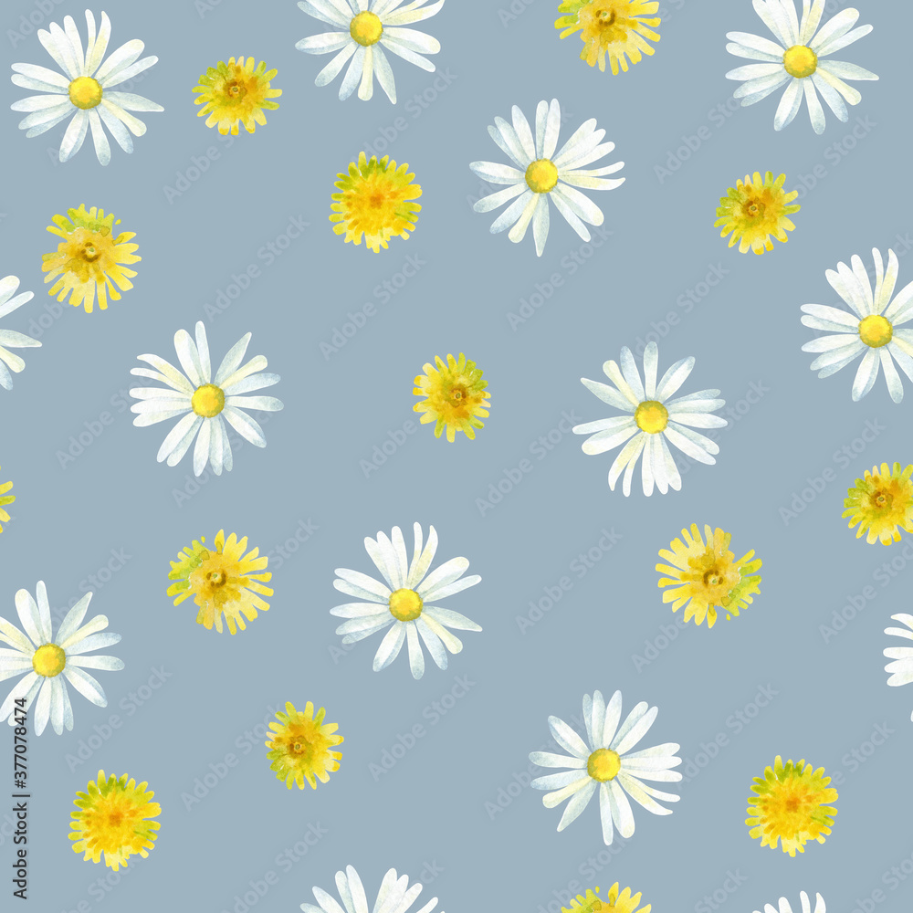 Seamless watercolor pattern of dandelions and white daisies