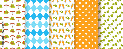 Oktoberfest seamless background. Octoberfest pattern. Vector. Prints with rhombus, beer, hat, polka dot and hop. Set of Germany traditional textures. Bavarian diamond wallpaper. Color illustration