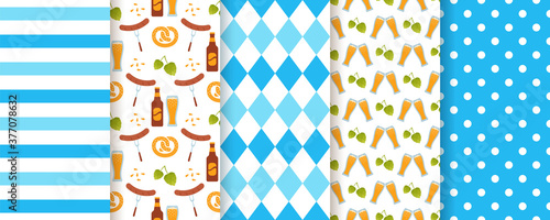 Oktoberfest seamless pattern. Octoberfest background. Vector. Textures with rhombus, beer, stripe, sausage and polka dot. Set Bavarian diamond prints. Germany traditional wallpaper. Color illustration
