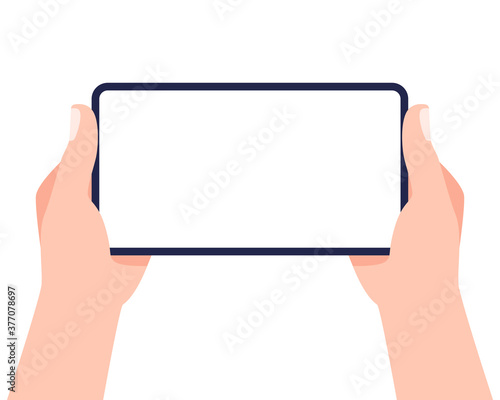 Mobile phone in female hands. Two hands holding smartphone and touching screen. Vector illustration.