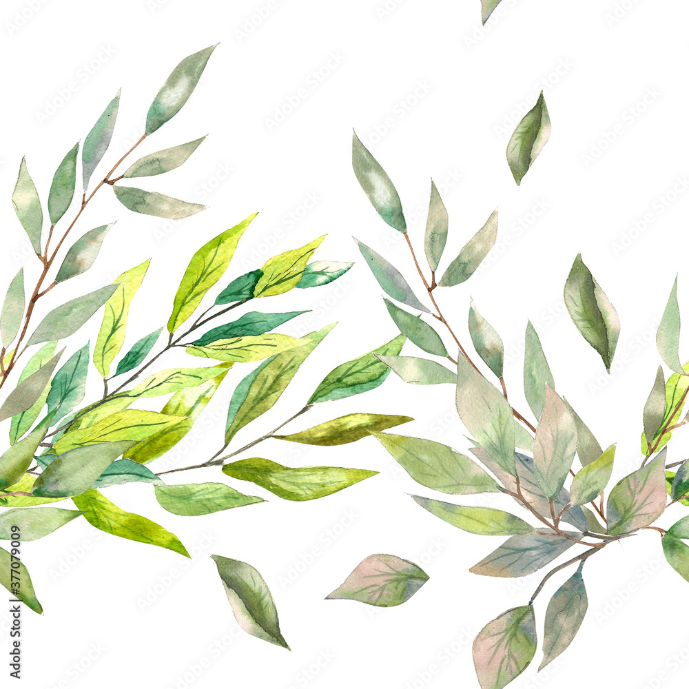 Fototapeta premium Watercolor illustration. Seamless pattern in the style of greenery from leaves, branches and laurel. Seamless design for fabric, paper, background.