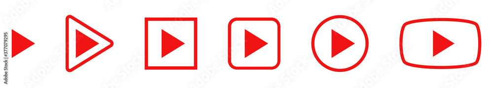 Set of vector play buttons. Play icons isolated. Red play symbol. Set of vector play buttons. Play icons isolated. Red play symbol.