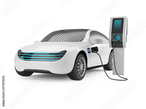 Electric car next to the charging station. 3d render on white background.