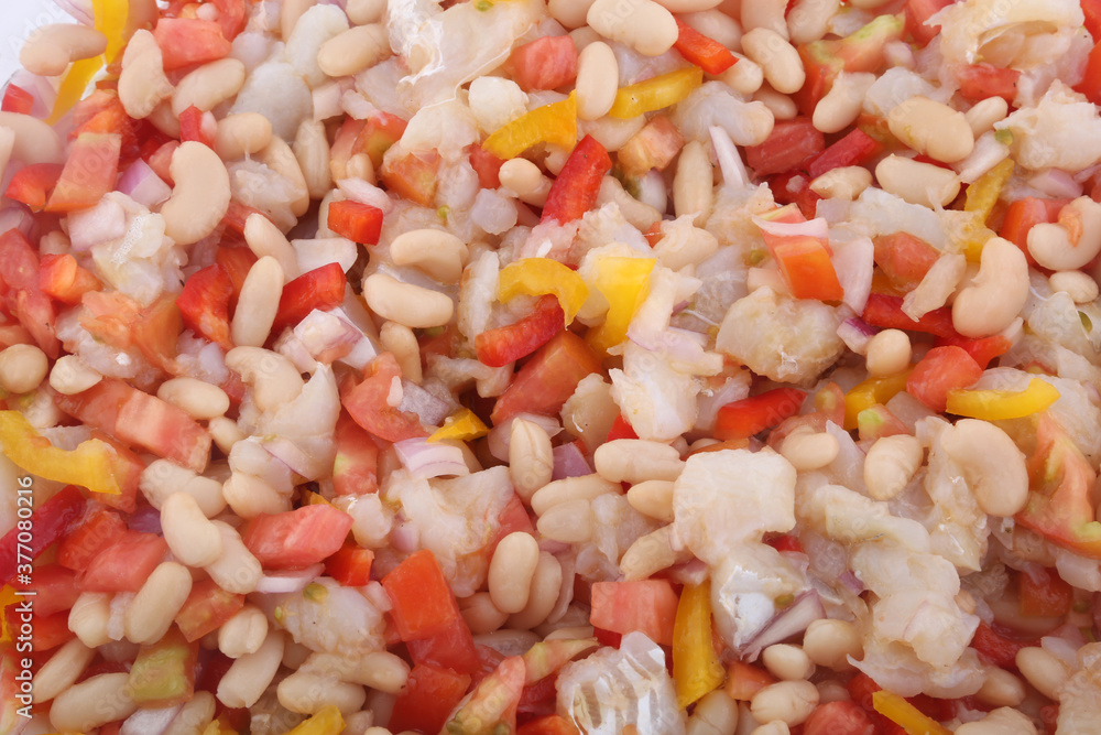 fresh summer salad with beans, cod, tomato and onions fresh summer salad with beans, cod, tomato and onions