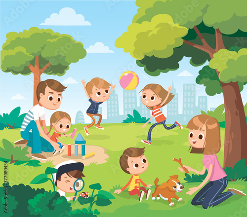 Vector portrait of happy family members relax rest play outdoors in the park doing summer activities.Parents with children spend weekend together, mother, father and children having fun on playground.