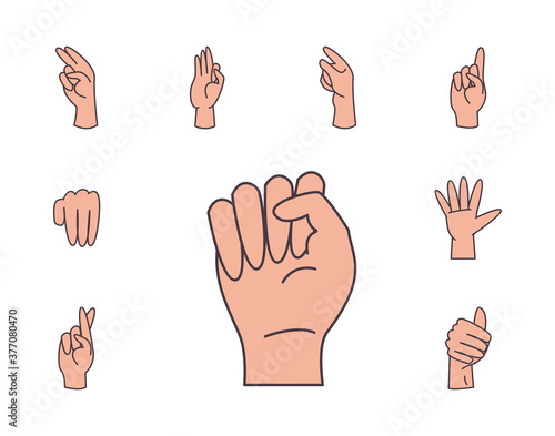 hand sign language alphabet line and fill style set icons vector design