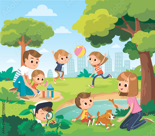 Vector portrait of happy family members relax rest play outdoors in the park doing summer activities.Parents with children spend weekend together, mother, father and children having fun on playground.