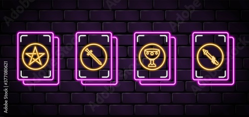 Vector neon tarot set icon for fortune telling & tarot reading mobile apps, blogs, highlights. Occult esoteric magic wichcraft spiritual signs symbols. Tarot cards: pentacles, cups, wands, swords.