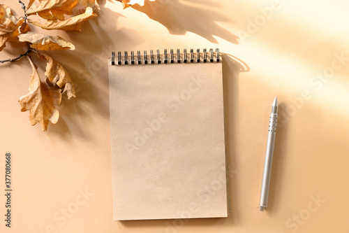 Billede på lærred Autumn composition, sketchbook and golden dry oak leaves on beige with sunny shadow