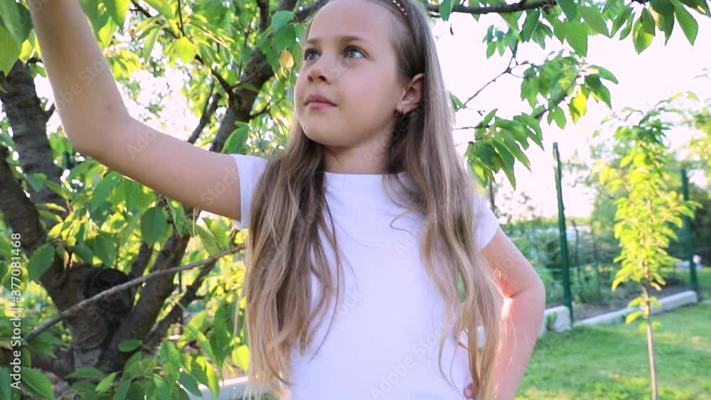portrait of a cute little girl at sunset in a green garden. child touches green tree branch portrait of a cute little girl at sunset in a green garden. child touches green tree branch