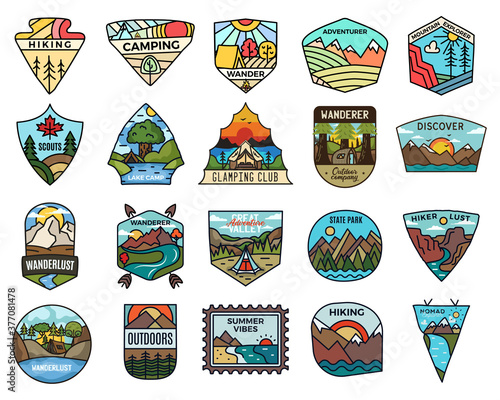 Camping adventure badges logos set, Vintage travel emblems. Hand drawn stickers designs bundle. Discover, state park, scouts labels. Outdoor camper insignias. Logotypes collection. Stock vector.
