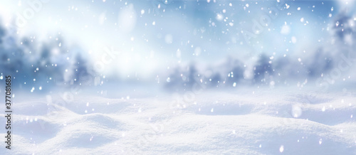 Beautiful winter background of snow and blurred forest in background, Gently falling snow flakes against blue sky, free space for your decoration. for your decorations. Wide panorama format. © Laura Pashkevich