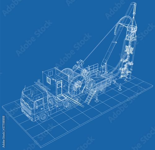 Coiled tubing unit machine. The layers of visible and invisible lines are separated. EPS10 format. Wire-frame.