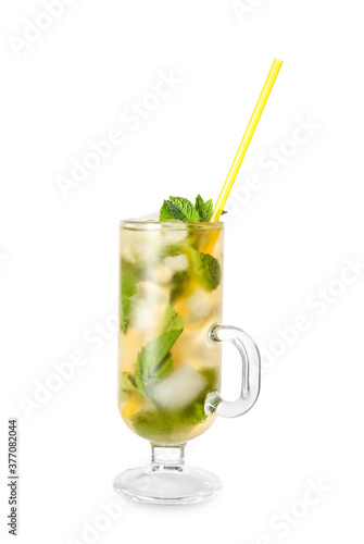 Cup of tasty cold ice tea on white background