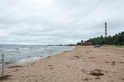 lighthouse on the beach of Lake Ladoga