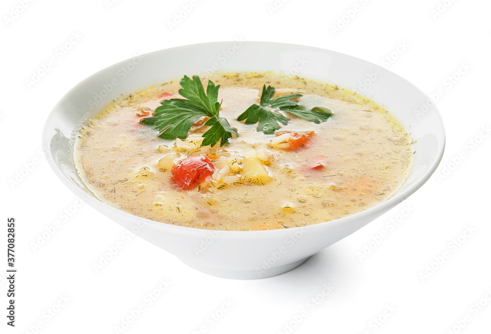 Bowl of tasty rice soup on white background