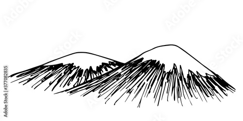 Simple hand-drawn vector drawing in black outline. Silhouette of mountain snow-capped peaks isolated on a white background. Nature, landscape.