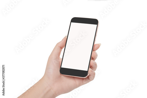 Woman hand holding mobile phone isolated on white background. 