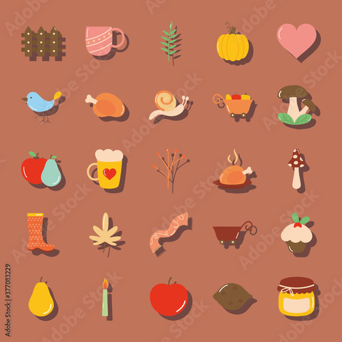 icon set of autumn and heart, flat style