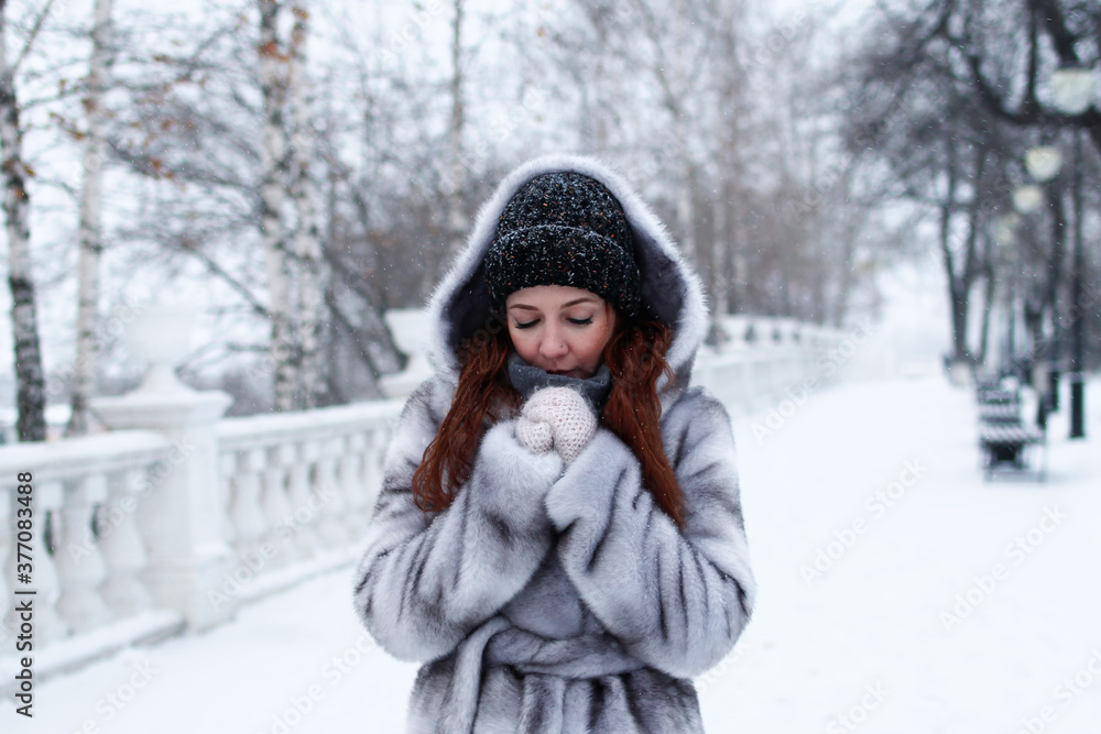 Young beautiful woman with red hair in gray faux fur coat with hood on background of winter snowy park. Young beautiful woman with red hair in gray faux fur coat with hood on background of winter snowy park.