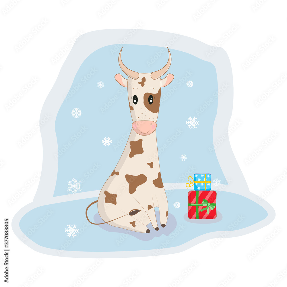 Fototapeta premium Cute cartoon bull with gifts. Symbol of 2021. New Year and Christmas mascot. Snowflakes. Vector