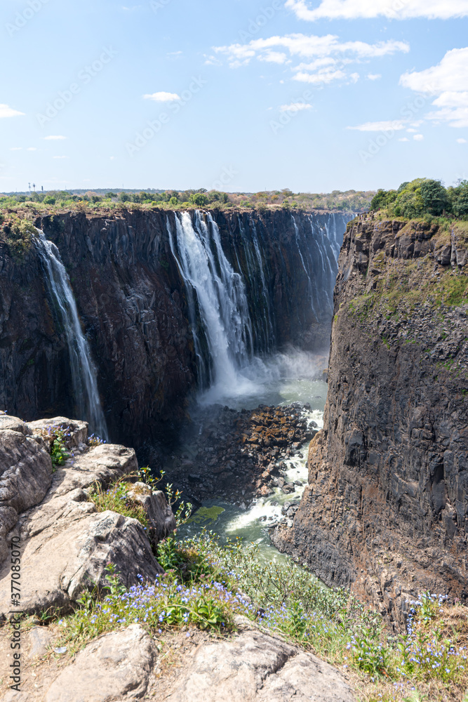Victoria Falls is a waterfall on the Zambezi River on the border between Zambia and Zimbabwe and is considered to be one of the world's largest. Extreme weather conditions are threatening its existenc