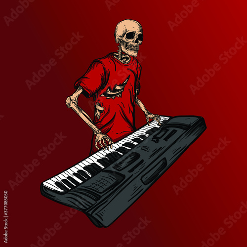 artwork illustration and t-shirt design skeleton keyboardist premium vector