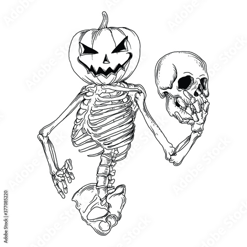 tattoo and t-shirt design black and white hand drawn skeleton pumpkin halloween premium vector
