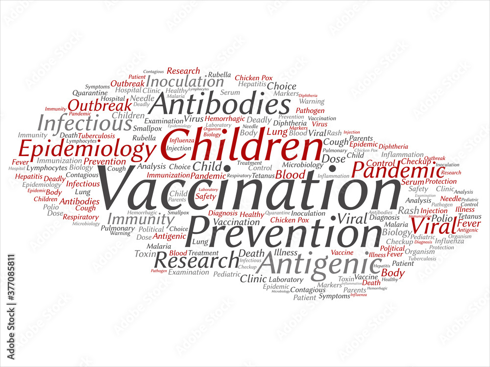 Vector concept or conceptual children vaccination viral prevention abstract word cloud isolated background. Collage of infectious antigenic, antibodies, epidemiology immunization or inoculation text