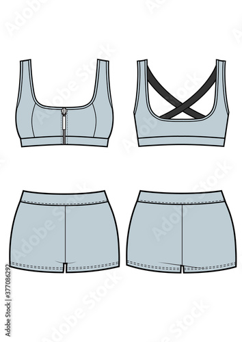 Blank women's sports suit in front, back views. Vector illustration.